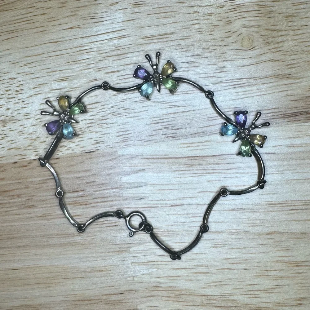 VTG Sterling Silver Womens Butterfly Bracelet Multicolor Whimsigoth Cottagecore